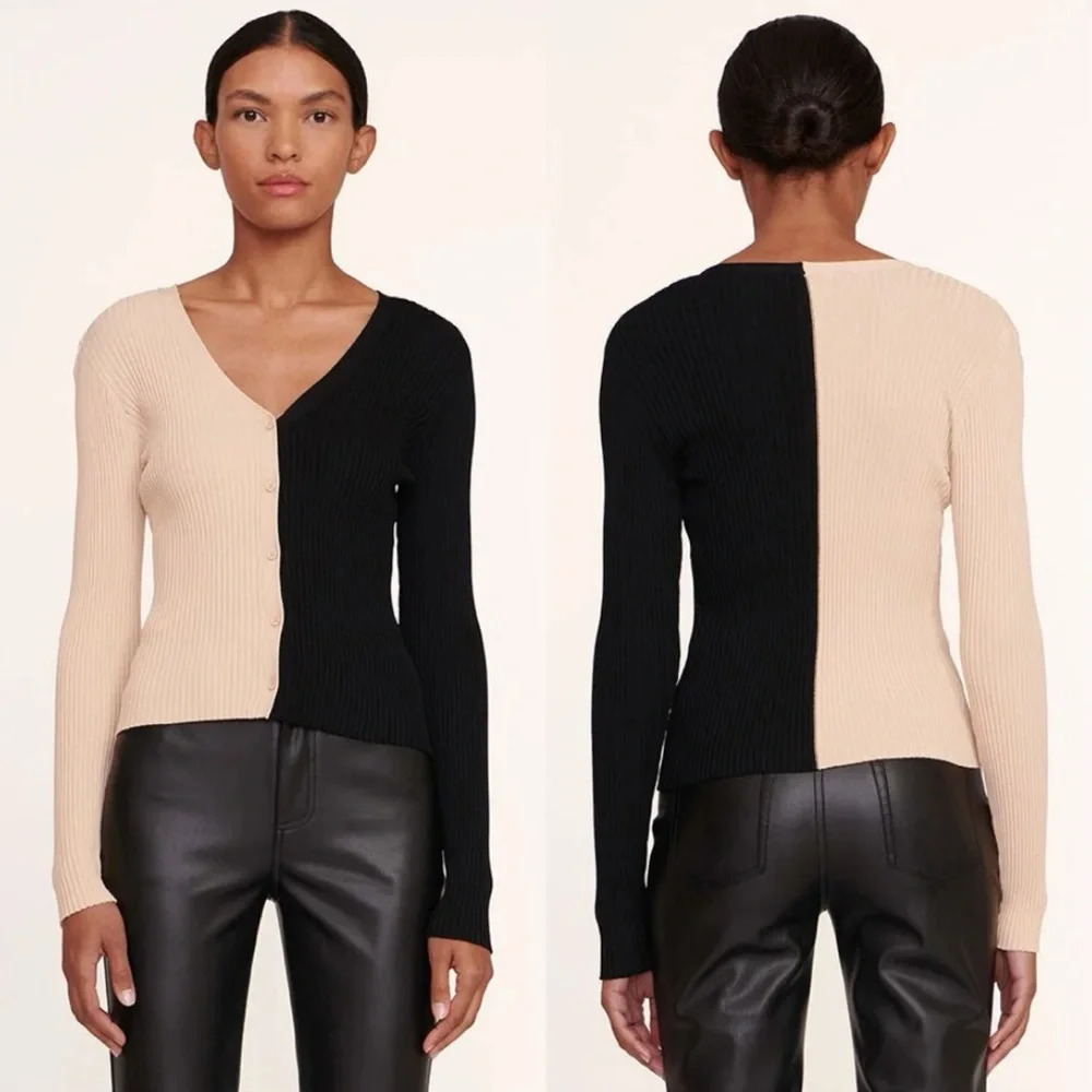 NWT Staud Cargo Sweater V-Neck Longsleeve Color Block Knit in Buff Black Size L